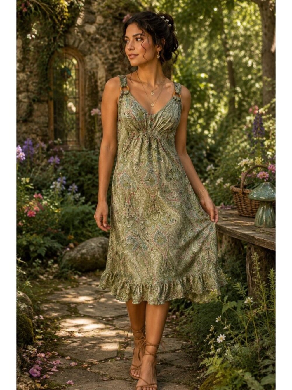Jonathan Martin Silk Dress Size 14 Paisley Boho Y2K Empire Waist Ruffle Midi